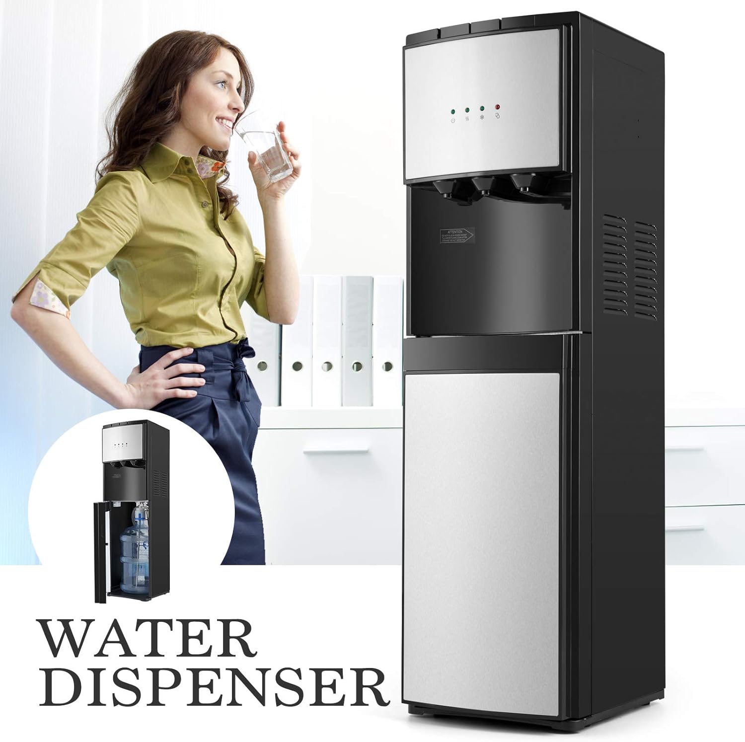 5 Gallon Water Dispenser, Bottom Loading Hot Cold Water Cooler,3 Temperature Settings, Empty Bottle Indicator with Child Safety Lock Black