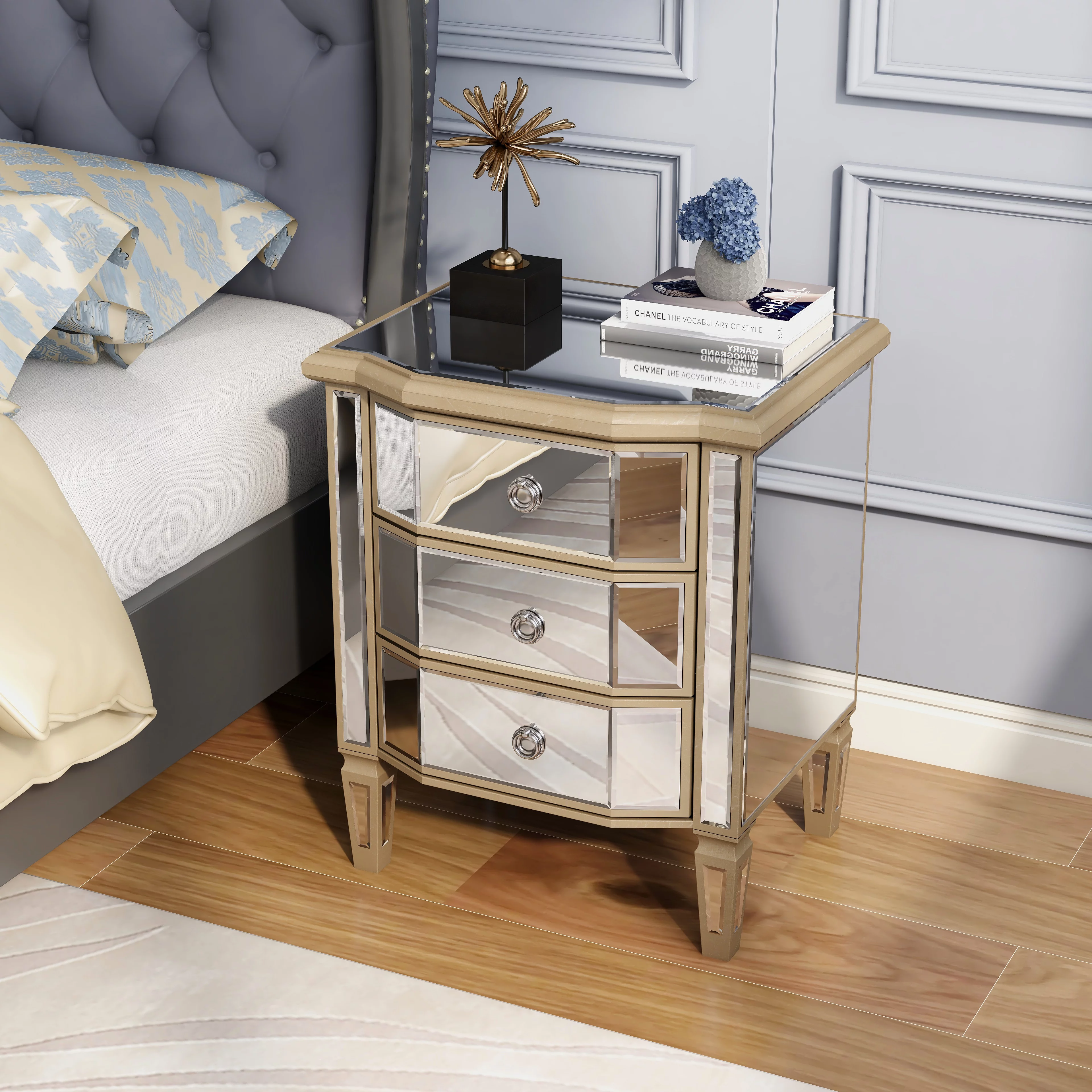 Accent Mirror Glass 3 Drawers Vintage Nightstand End Table Bedside Table Furniture for Bedroom, Living Room
