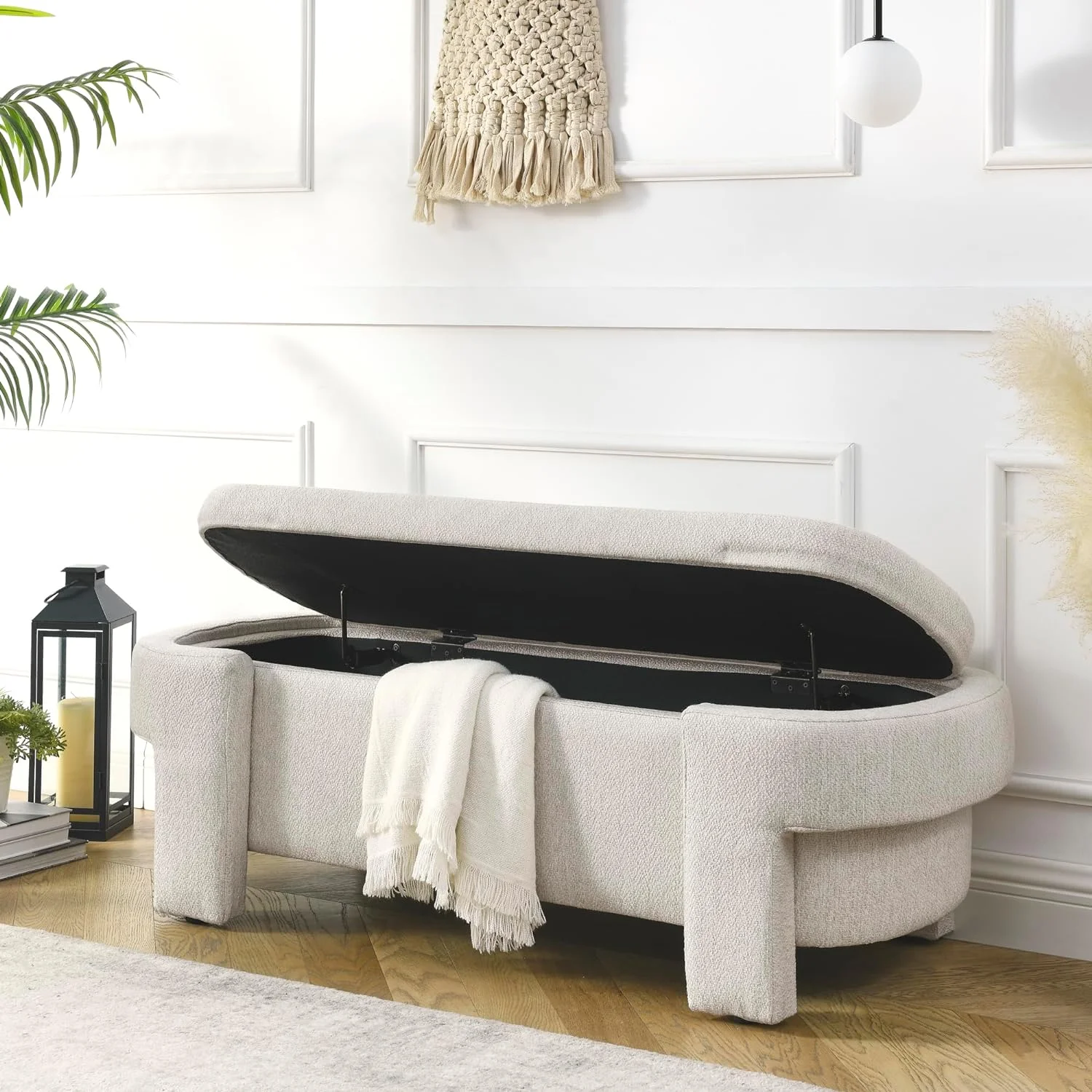51.5" Oval Storage Bench End of Bed Storage Ottoman Benches Linen Fabric Upholstered Ottoman Bench with Large Storage Space for Living Room Entryway