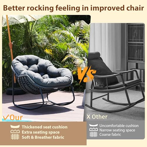 Outdoor Indoor Rocking Chair, Patio Wicker Egg Chair, Indoor & Outdoor Comfy Oversized Papasan Chair with Padded Cushion