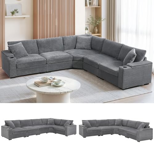 Merax 106" Corduroy Sectional Corner Sofa with Cup Holders & USB Charger, 5 Seat Convertible L Shaped Couch Set with Armrest Storage