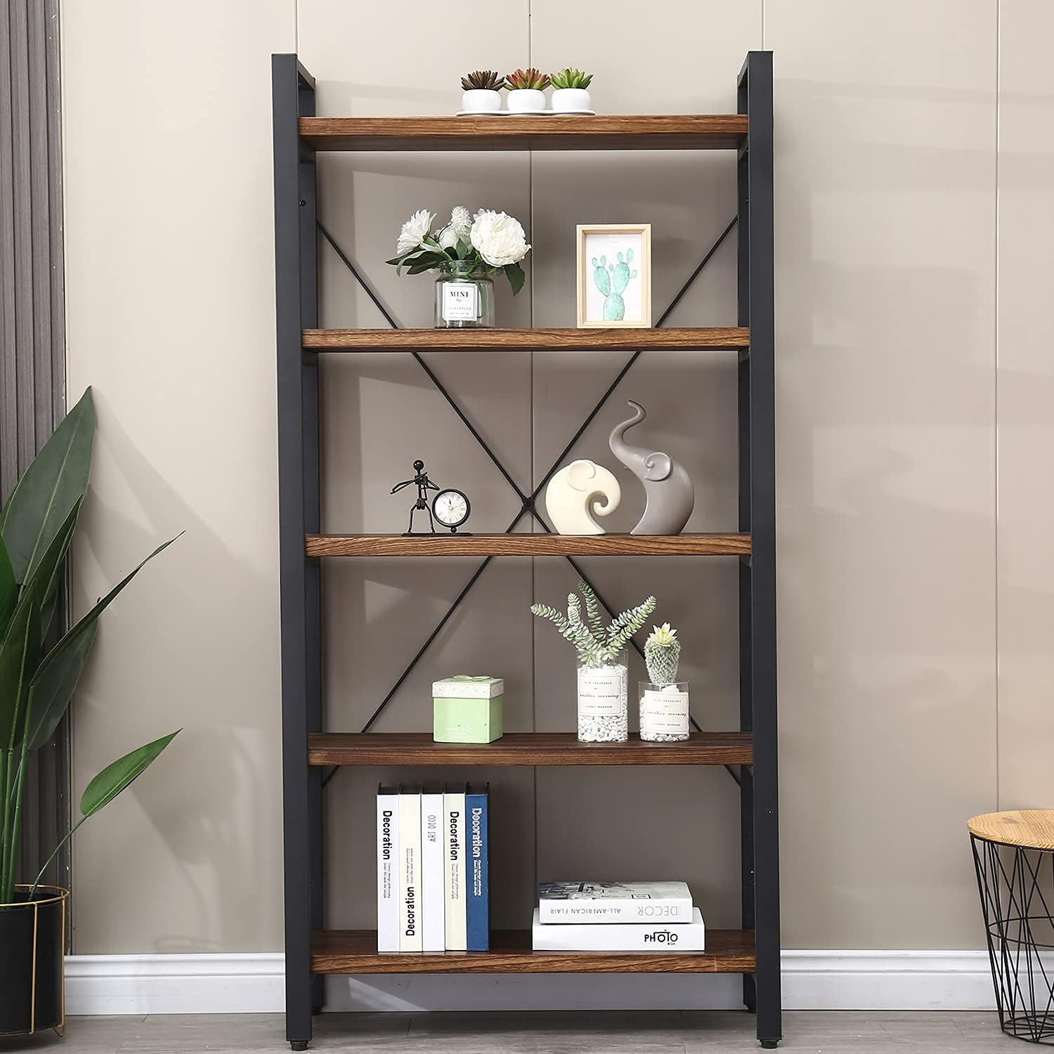 5 Tier Bookcase, Solid Wood Bookshelf Rustic Vintage Industrial Etagere Bookcase, Metal and Wood Free Vintage Bookshelf