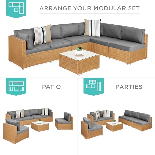 Best Choice Products 7-Piece Modular Outdoor Sectional Wicker Patio Conversation Set w/ 2 Pillows, Coffee Table, Cover Included - Gray/Navy