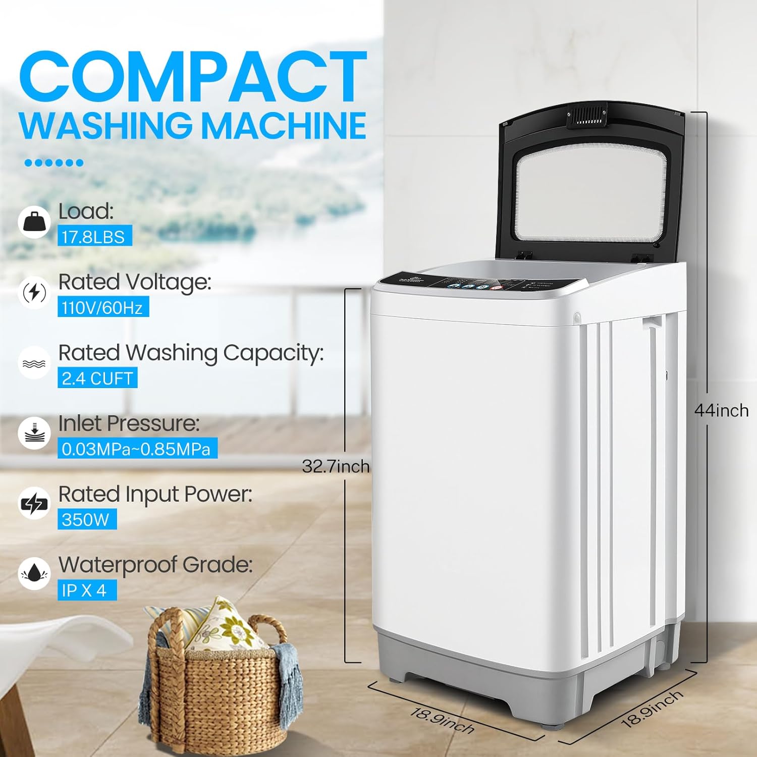 Nictemaw Portable Washing Machine 17.8 Lbs Capacity Portable Washer with Drain Pump, 2.4 Cu.ft Compact Laundry Washer with Glass Top Lid