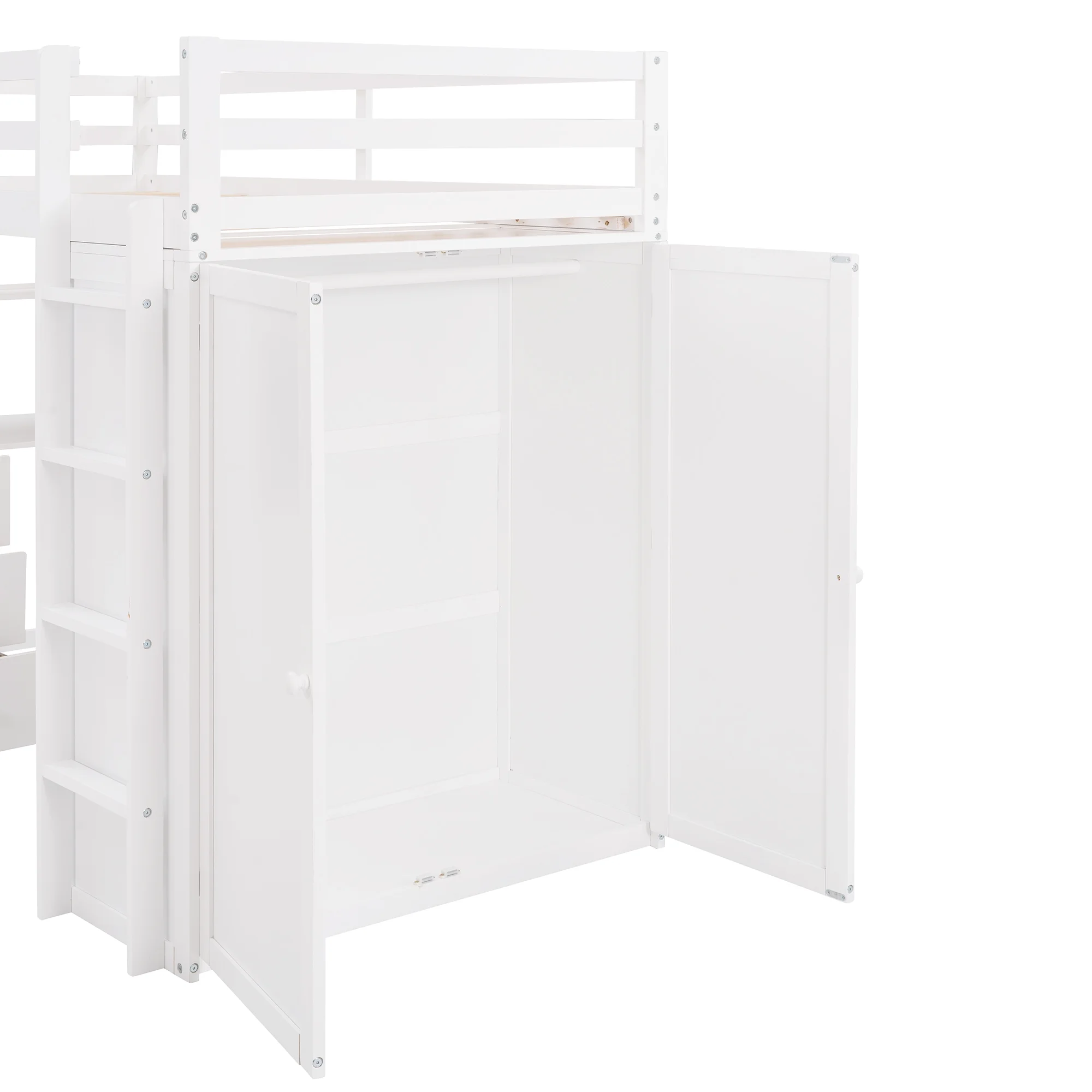 Wooden Twin Size Loft Bed for Kids, Twin Loft Bed with Drawers, Desk, Wardrobe, Ladder & Safety Rails