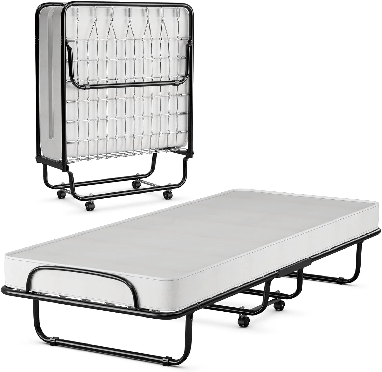Folding Bed With Mattress Memory Foam, Foldable Bed W/Sturdy U-Shaped Metal Bed Frame, 4 Universal Wheels, Portable Guest Bed, Easy Storage