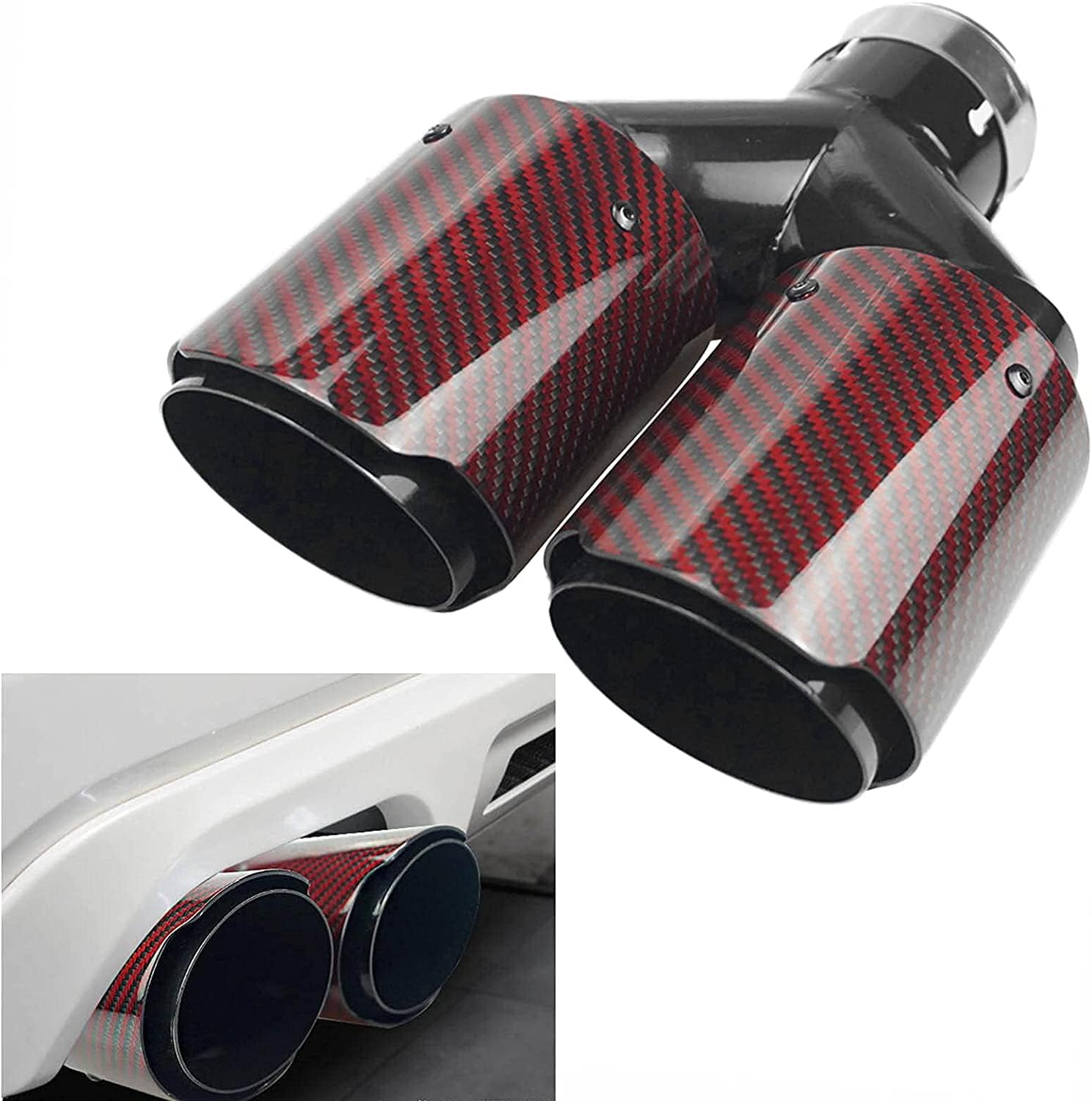 Vechkom 2.5Inlet 63MM Double Exhaust Tip Carbon Car Tail Tip 3.5 Outlet (Glossy Red and Black)