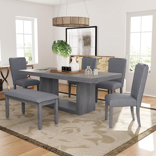 Merax 6-piece Dining Table Set of 4 Upholstered Chairs & 1 Bench Farmhouse Kitchen Furniture Sets with 78inch Extendable Pedestal
