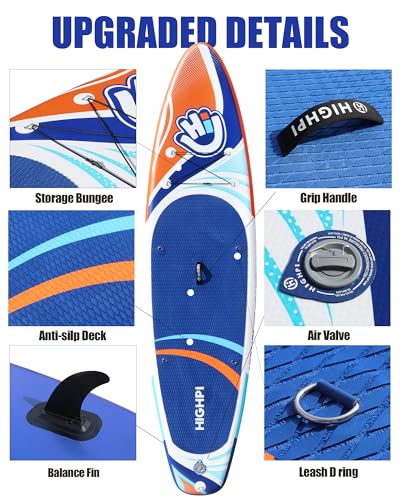 Highpi Inflatable Stand Up Paddle Board Premium SUP Accessories, Backpack, Wide Stance, Surf Control, Non-Slip Deck, Leash, Paddle and Pump