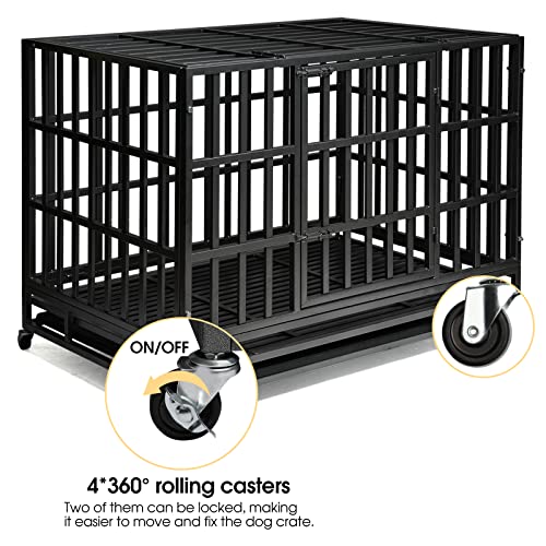 Enhanced Heavy Duty Dog Kennel Crate Cage with Strong Metal Frame, Double Doors and Lockable Wheels, for Extra Large Dog Breeds, Pet Playpen (Square