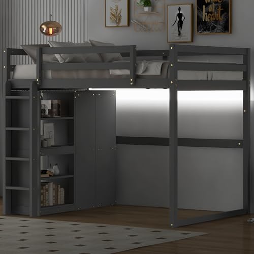 Harper & Bright Designs Full Size Loft Bed with Desk, Storage Shelves and Drawers, Solid Wood Loft Bed Frame with Built-in Wardrobe, Walnut