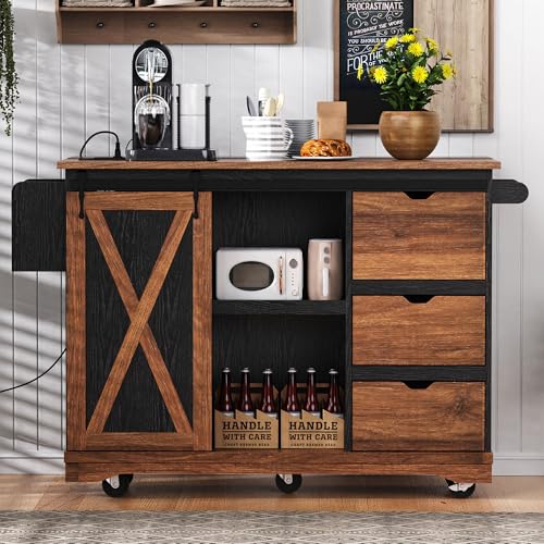 Ball & Cast Farmhouse Kitchen Island with Drop Leaf & Barn Door,Rolling Kitchen Cart on Wheels with Power Outlet,3 Large Drawers