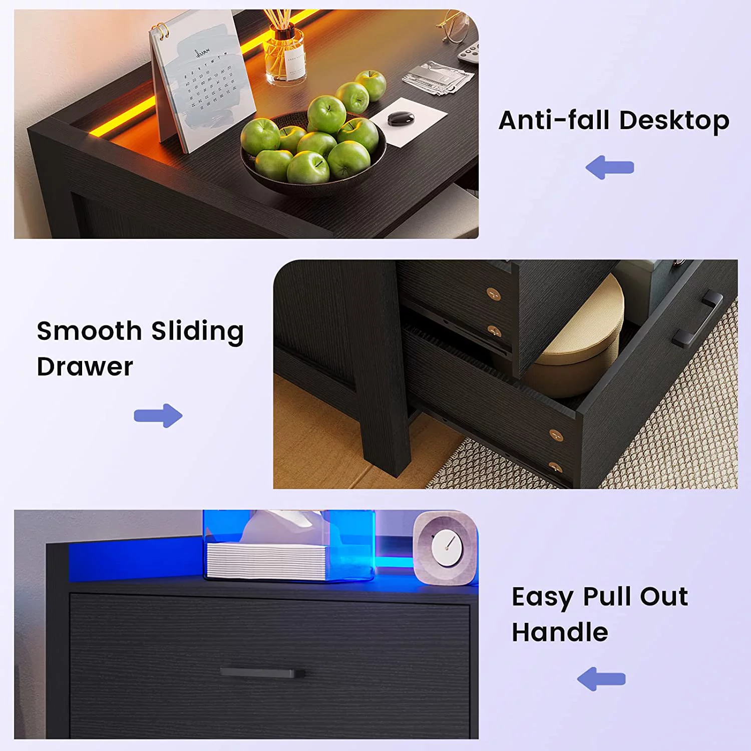 Black Dresser for Bedroom, 6 Drawer Double Dresser with LED Lights, Wood Chest of Drawers, Modern Storage Dresser for Bedroom