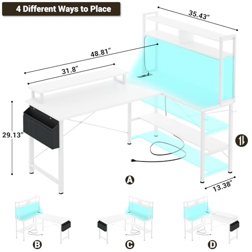 Aheaplus L Shaped Gaming Desk with Power Outlets & LED Lights, Small L- Shaped Desk Computer Corner Desk with Monitor Stand & Storage Shelf