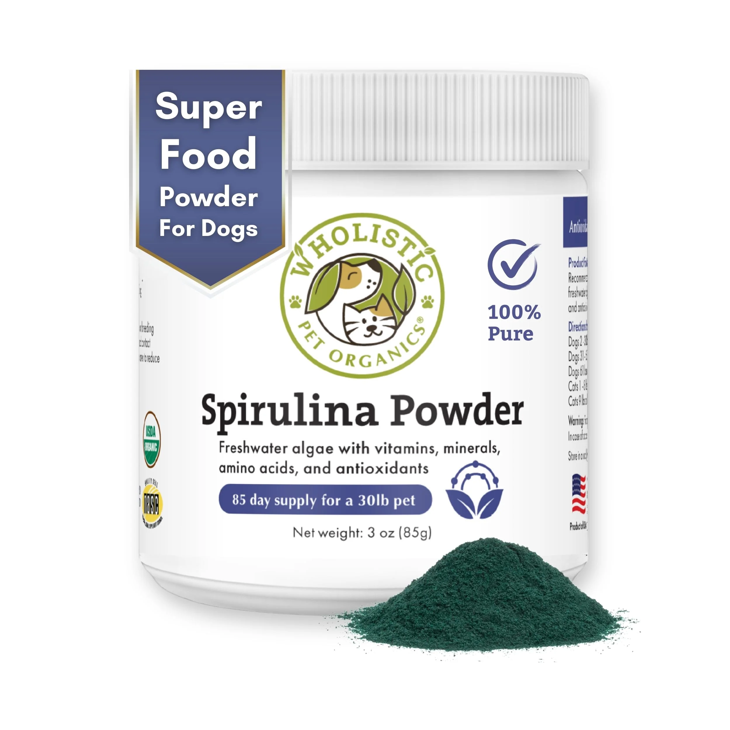 Wholistic Pet Organics Spirulina Powder Organic for Dogs Super Greens Powder Seasonal Allergy Support Supplement Dog Multivitamin USDA Certified