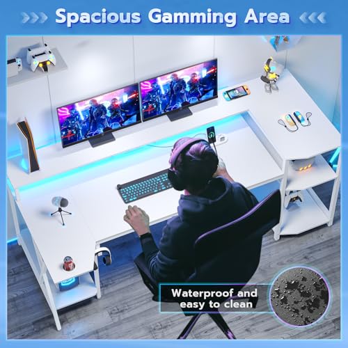 SEDETA Gaming Desk 70.8'' with LED Lights and Storage Shelves, Computer Desk with Monitor Stand, Power Outlets and Cup Holder, Large PC Gamer Desk