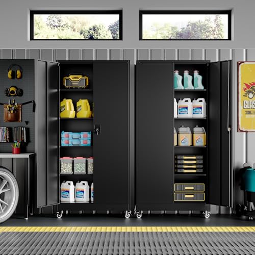Metal Garage Storage Cabinet with Wheels,Metal Storage Cabinet with Adjustable Shelves,Steel Tool Cabinets with Locking Door for Home, School, Office