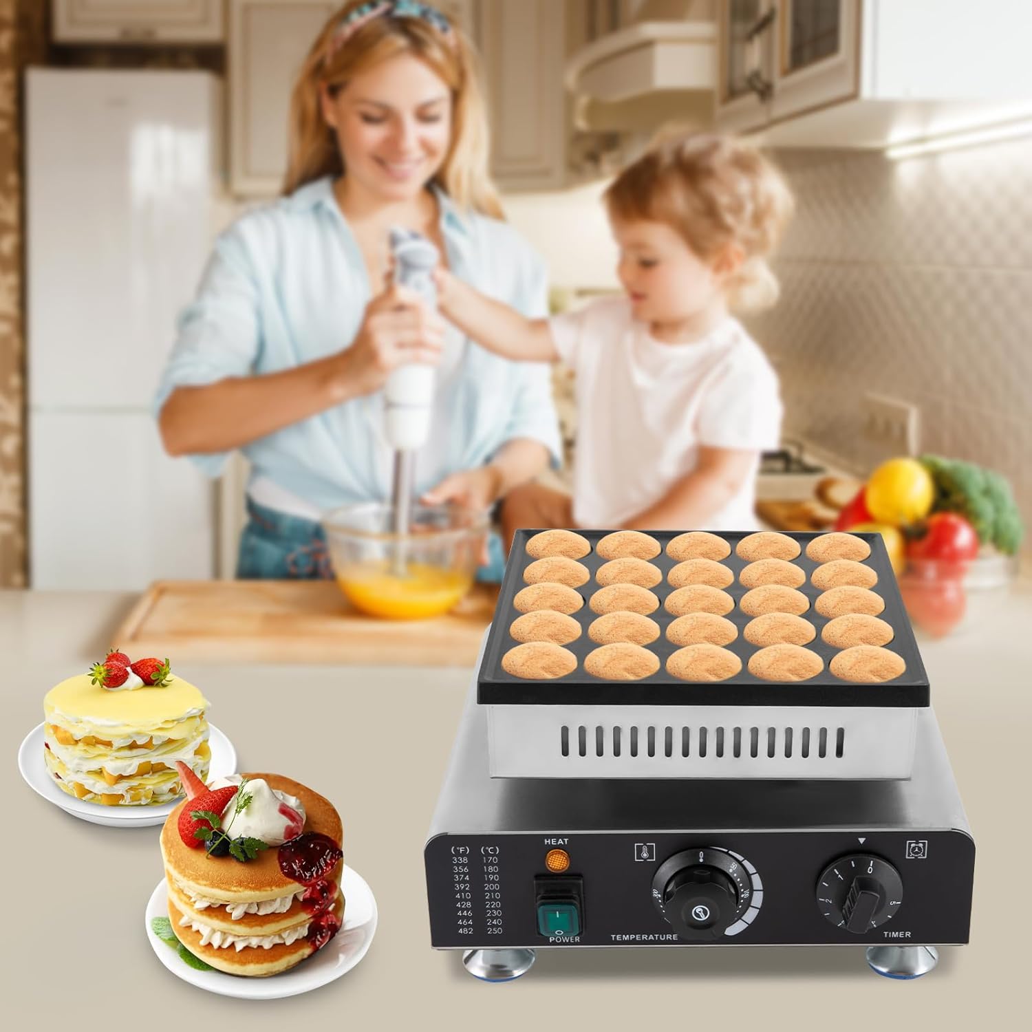 Mini Dutch Pancake Maker 25PCS, Commercial Non-stick Pancake Baker Machine 50-300℃ Electric Muffin Maker Stainless Steel for Home Kitchen