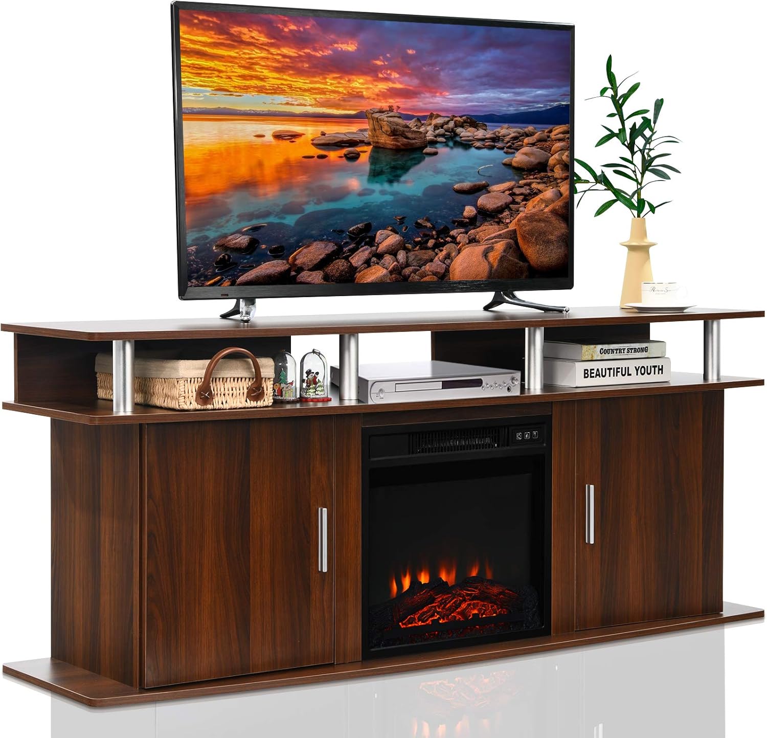 Tangkula Fireplace TV Stand, Modern Media Console Table for TVs up to 70 Inches, Entertainment Center w/ 1400W Fireplace for Living Room