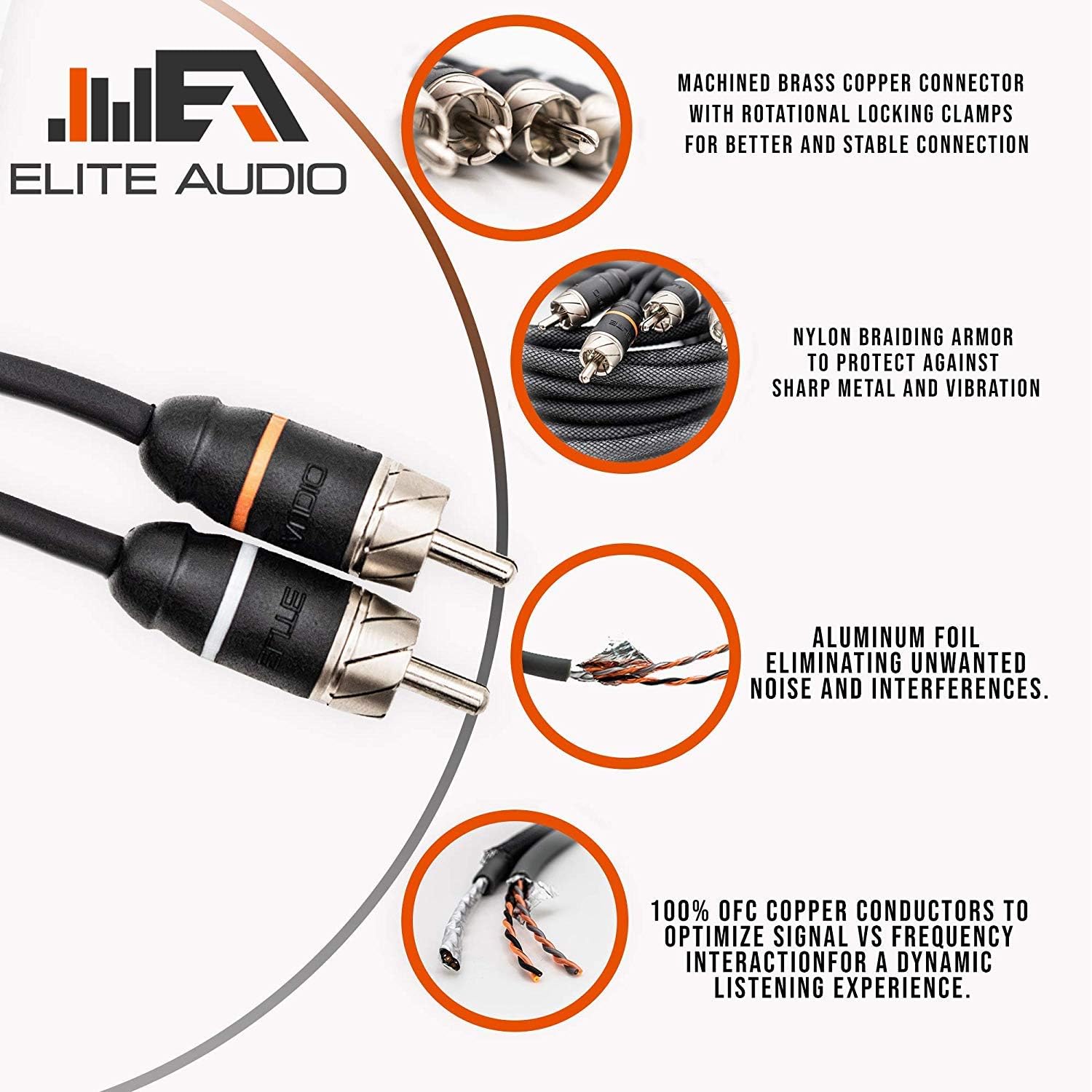 Elite Audio Premium Series 100% OFC Copper RCA Interconnects Stereo Cable, 2 Channel 1.5' Cord (2 x RCA Male to 2 x RCA Male Audio Cable