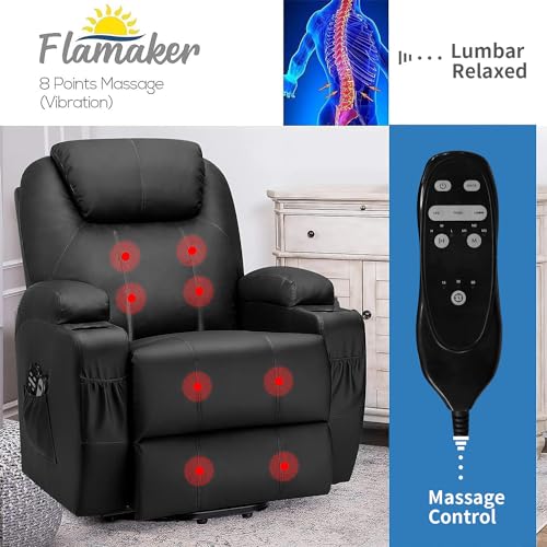 Flamaker Power Lift Recliner Chair PU Leather with Massage for Elderly Ergonomic Lounge Chair Classic Single Sofa with 2 Cup Holders Side Pockets