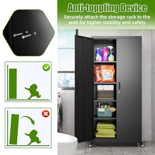 71" Metal Storage Cabinet with Wheels and Pegboard, Lockable Rolling Steel Storage Cabinet with 5 Adjustable Shelves and Door for Garage, Office