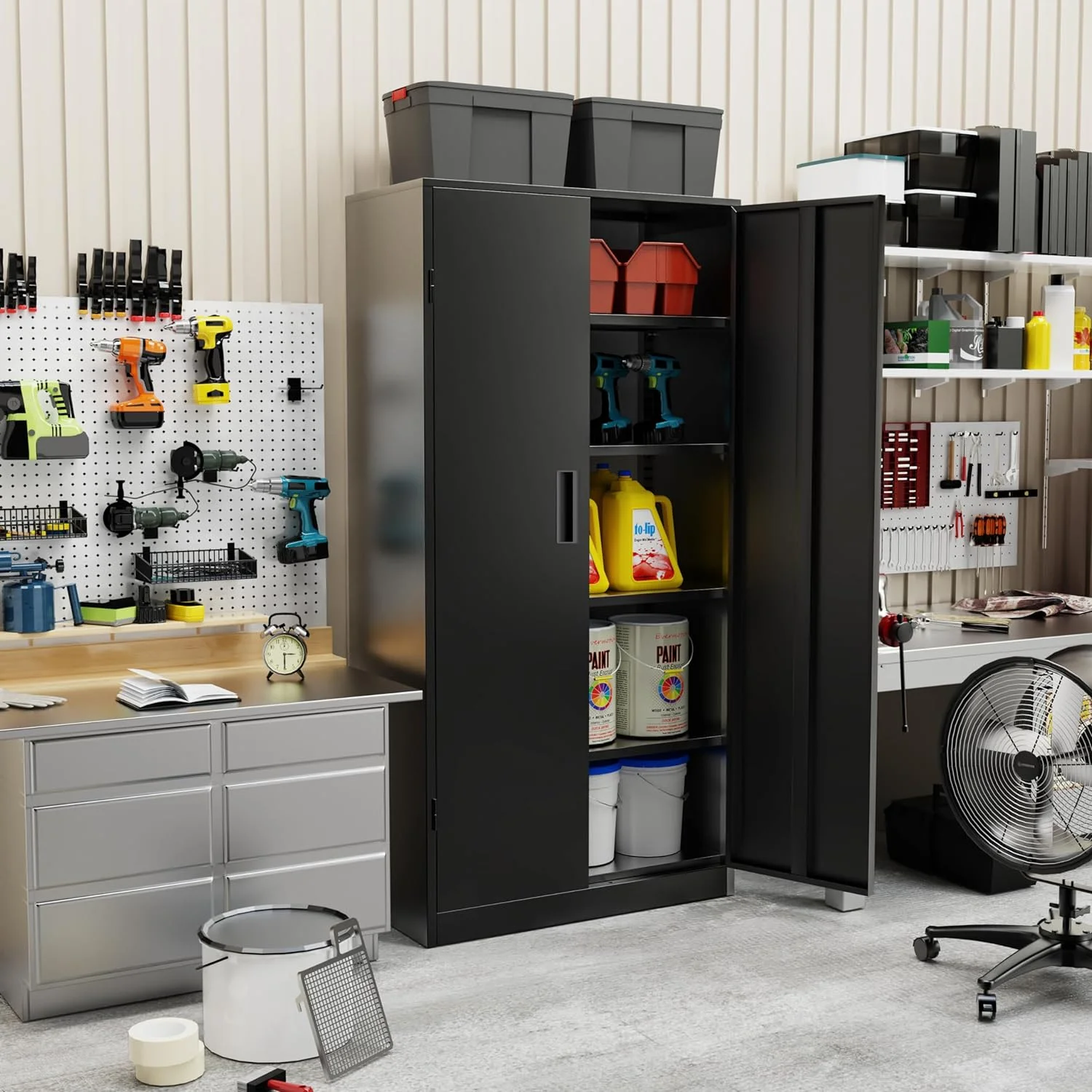 Metal Garage Storage Cabinet with Lock, 72" H Storage Cabinets with Doors and Adjustable Shelves, Black Lockable Steel Supply Cabinet for Home Office
