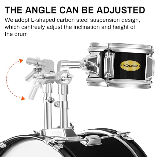 AODSK Kid Drum Sets 5-Piece for Beginners, 14 inch Full Size Complete Drum Kit with Adjustable Throne, Cymbal, Hi-Hat, Pedal & Drumstick, Black