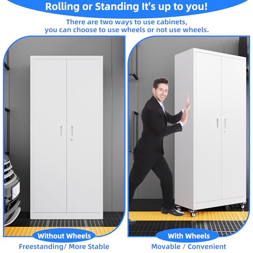 Garage Storage Cabinet with Wheels & Pegboard, 72" H Locking Metal Storage Cabinet with Doors and 4 Adjustable Shelves for Garage Workshop Home