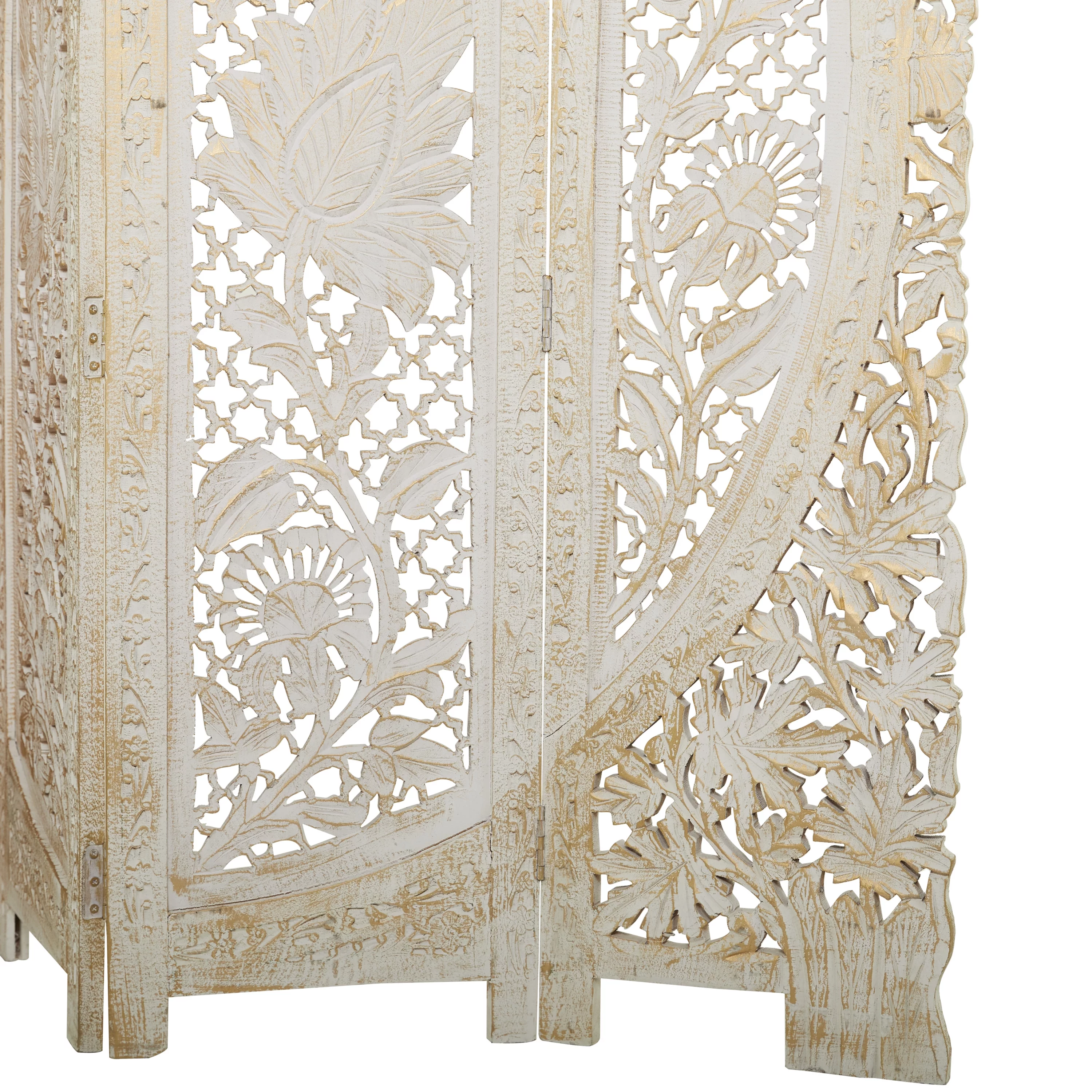 DecMode 60" x 72" White Wood Floral Handmade Foldable Arched Partition 4 Panel Room Divider Screen with Intricately Carved Designs, 1-Piece
