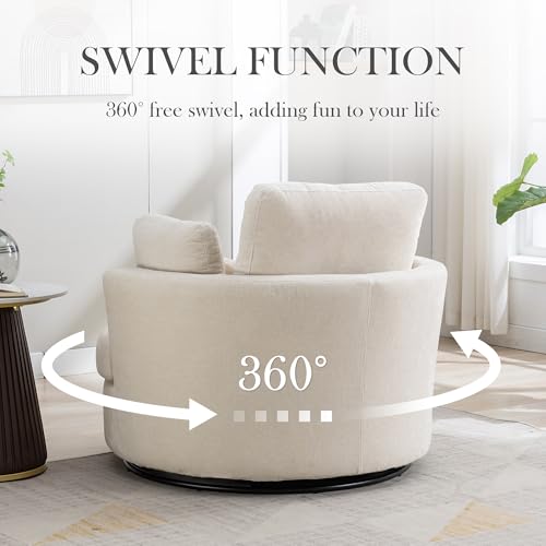 Aoiy & Wifon 42.2" W Oversized Swivel Barrel Chair with Ottoman, Upholstered Round Accent Chair with Storage Ottoman, Chenille, Beige