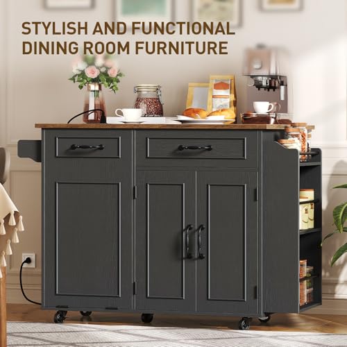 Kitchen Island with Power Outlet & Drop Leaf, Mobile Rolling Cart with Trash Can Storage, 3-Tier Spice Rack,Island Table for Kitchen, Dining Room