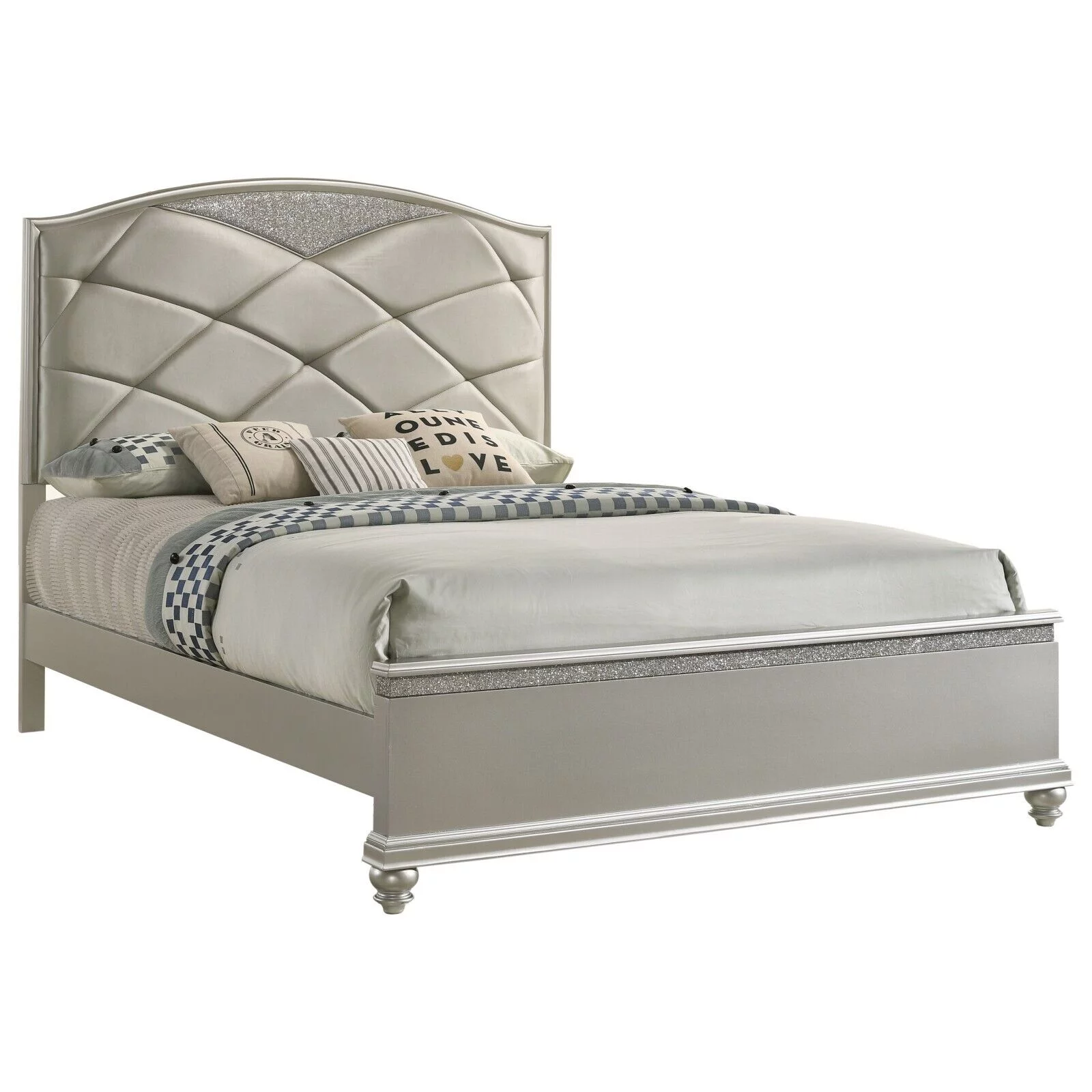 6pc Traditional Style Queen Size Panel Bed Dresser Mirror Nightstand Chest Wooden Bedroom Furniture Set Silver Finish