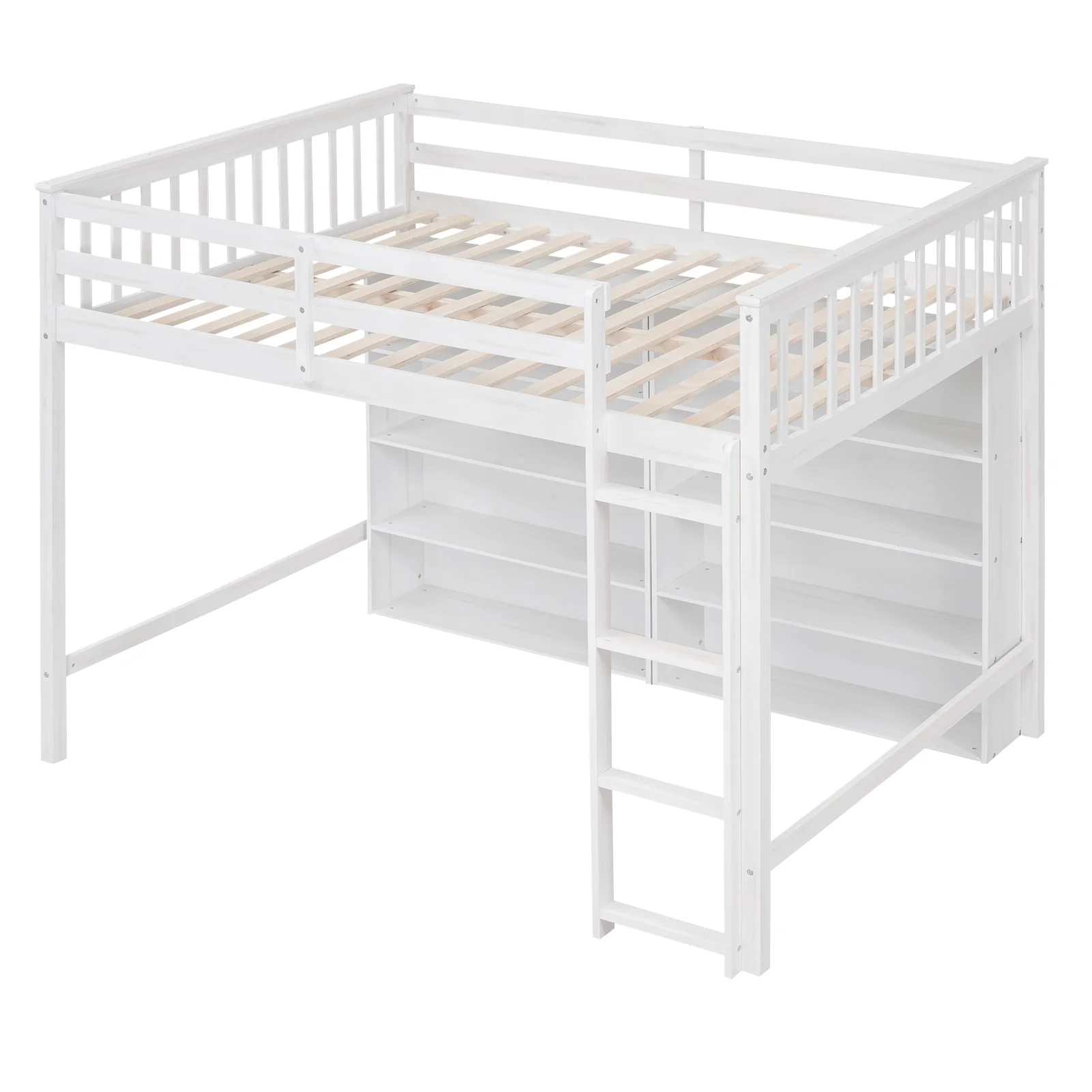 Churanty Wood Full Size Loft Bed with 8 Open Storage Shelves, Full Loft Bed Frame with Built-in Bookcase for Dorm Kids Teens, White