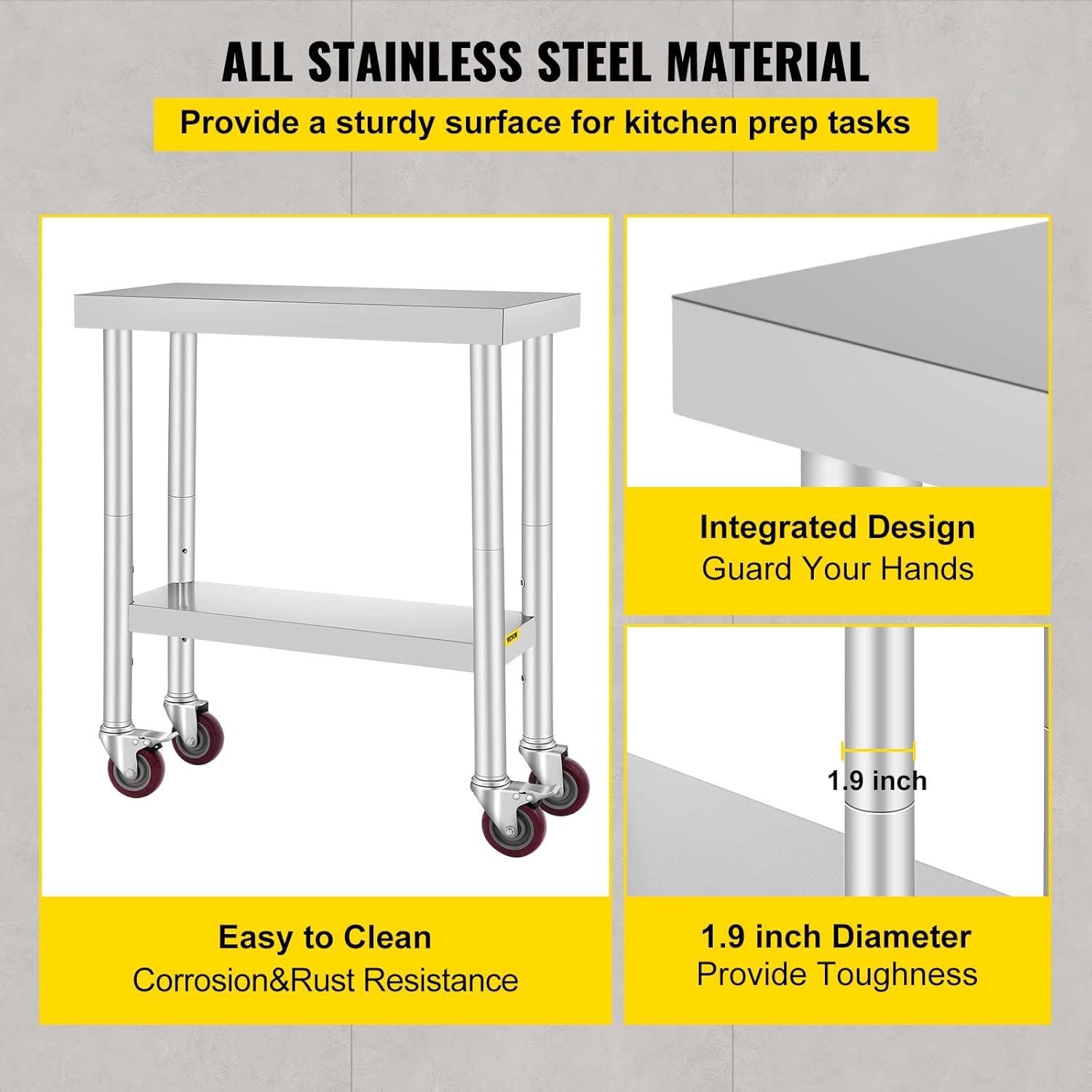 Mophorn Stainless Steel Work Table with Wheels 24 x 30 Prep Table with casters Heavy Duty Work Table for Commercial Kitchen Restaurant Business (24 x