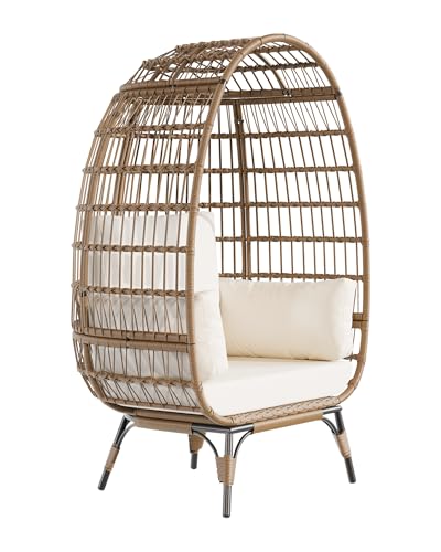 Oversized Wicker Egg Chair Outdoor, Patio Lounge Chair with Ultra Luxury Cushions & Steel Frame, 350LBs Capacity Egg Chair Indoor Outdoor for Balcony