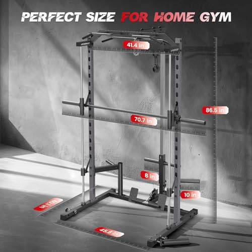 Smith Machine with LAT-Pull Down, Multi-Functional Smith Machine, Power Cage with Cable Crossover, Squat Rack with Landmine, Barbell Bar