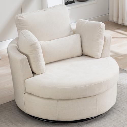 Aoiy & Wifon 42.2" W Oversized Swivel Barrel Chair with Ottoman, Upholstered Round Accent Chair with Storage Ottoman, Chenille, Beige