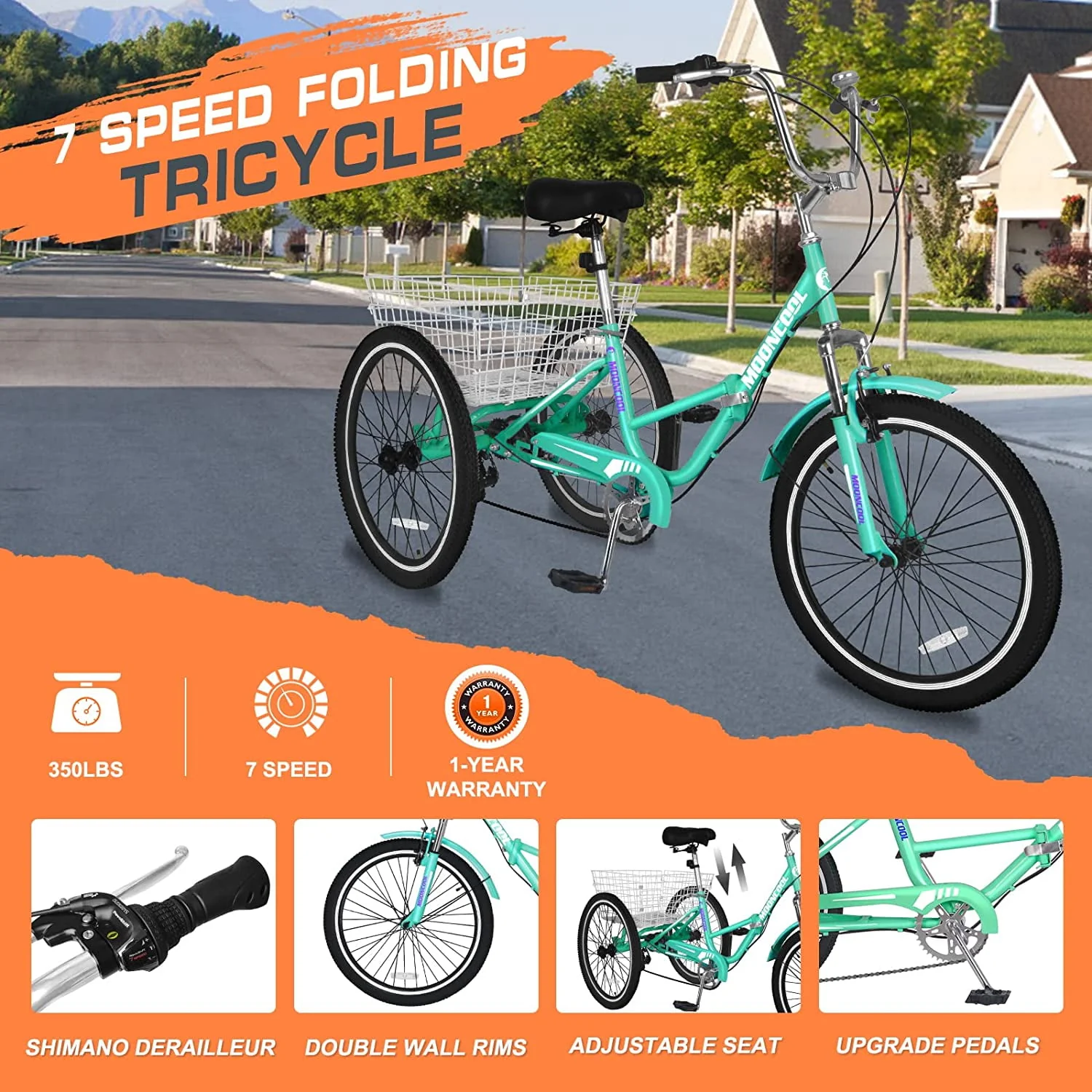 MOONCOOL Adult Folding Tricycle for Adults, 7 Speed 20/24/26 inch 3 Wheels Bikes with Basket, Foldable Tricycle for Adults, Women, Men, Seniors