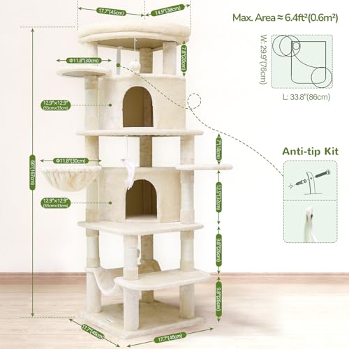 Globlazer Corner Cat Tree for Large Cats, 66inch Tall Curved Series Large Cat Tower for Multiple Indoor Cats with 6 Scratching Posts