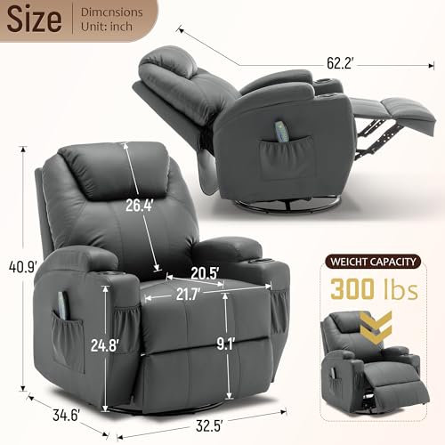Recliner Chair, Rocking Chair with Massage and Heat, 360° Swivel Recliner Chairs for Adults