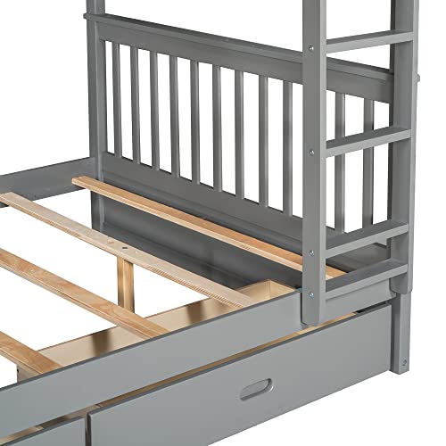 SOFTSEA Twin Over Full Bunk Bed with Slide, Solid Wood Bunk Beds with Stairs for Kids