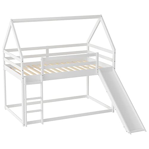 Kids Twin Over Twin Bunk Beds with Slide and Trundle, Solid Wood Bunk Bed Frame with Stairs and Storage