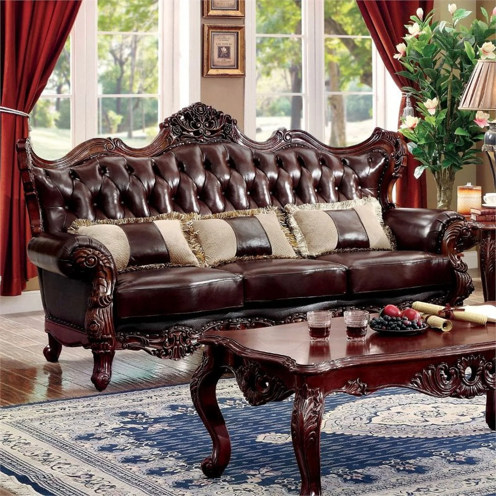 Pemberly Row Modern Top Grain Leather Tufted Sofa in Dark Oak