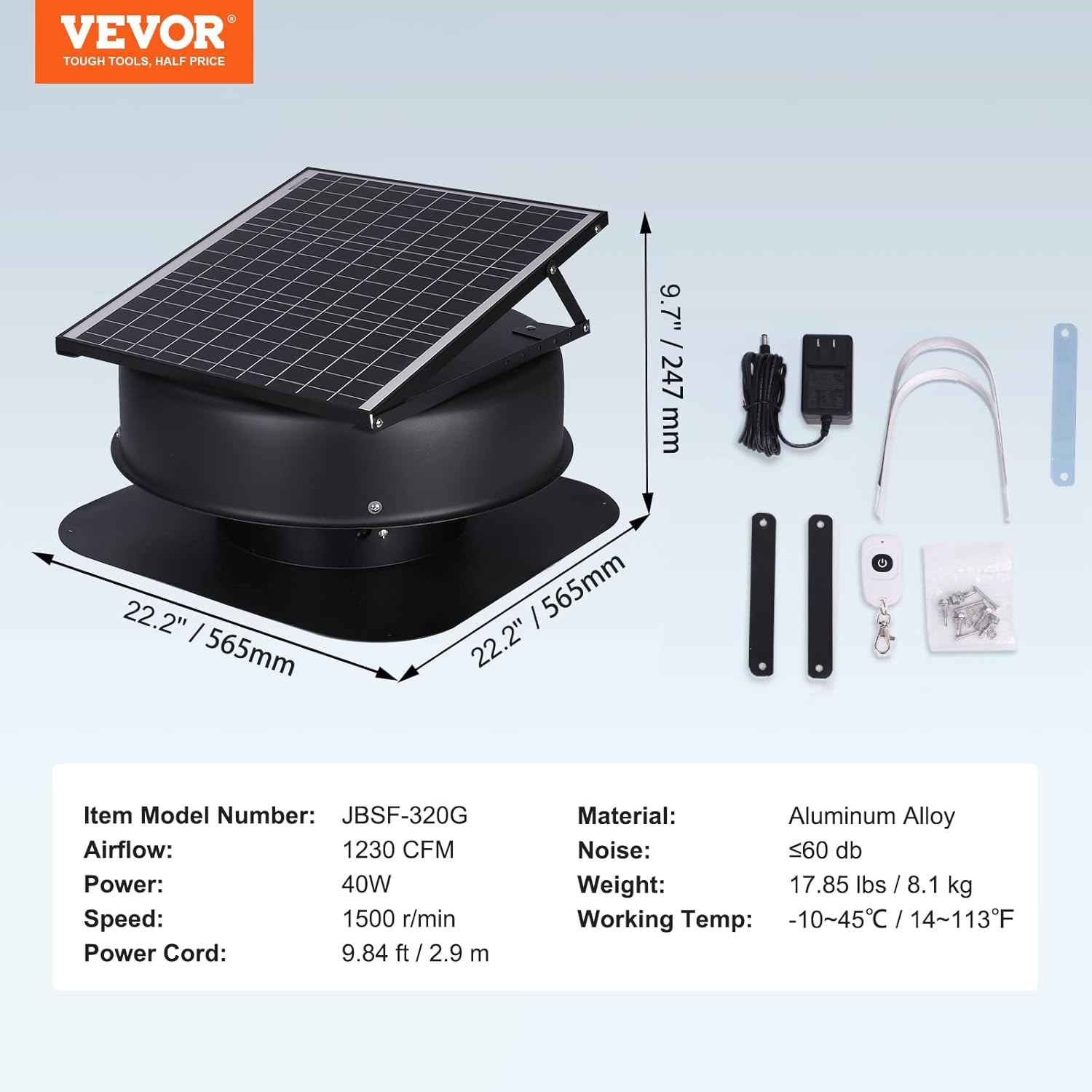 VEVOR Solar Attic Fan, 40 W, 1230 CFM Large Air Flow Solar Roof Vent Fan, Low Noise and Weatherproof with 110V Smart Adapter, Ideal for Home