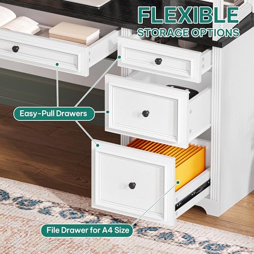 YITAHOME Executive Desk with Hutch and Drawers, Farmhouse Wood Computer Desk with Power Outlet & LED Lights, Home Office Desks with Storage Shelves