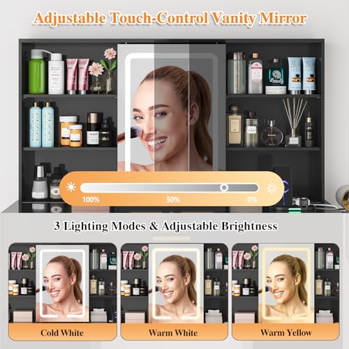 47'' Large Vanity Desk with Mirror and Lights, 7 Drawers, 8 Storage Shelves Vanity Table, Big Makeup Vanity Desk with 3 LED Lighting Modes
