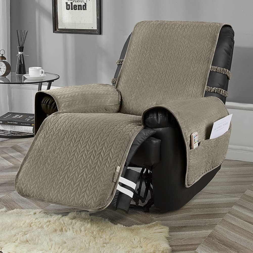 STONECREST Recliner Chair Cover, Water Resistant Velvet Quilted Slipcover, Washable Furniture Protector with Strapes to Stay in Place (Camel/Grey