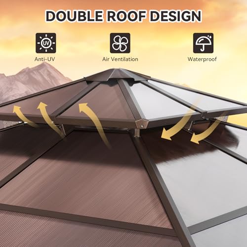Aoxun 12'x16' Hardtop Gazebo, Aluminum Frame Permanent Pavilion with Netting and Curtains, Outdoor Polycarbonate Double Roof Canopy