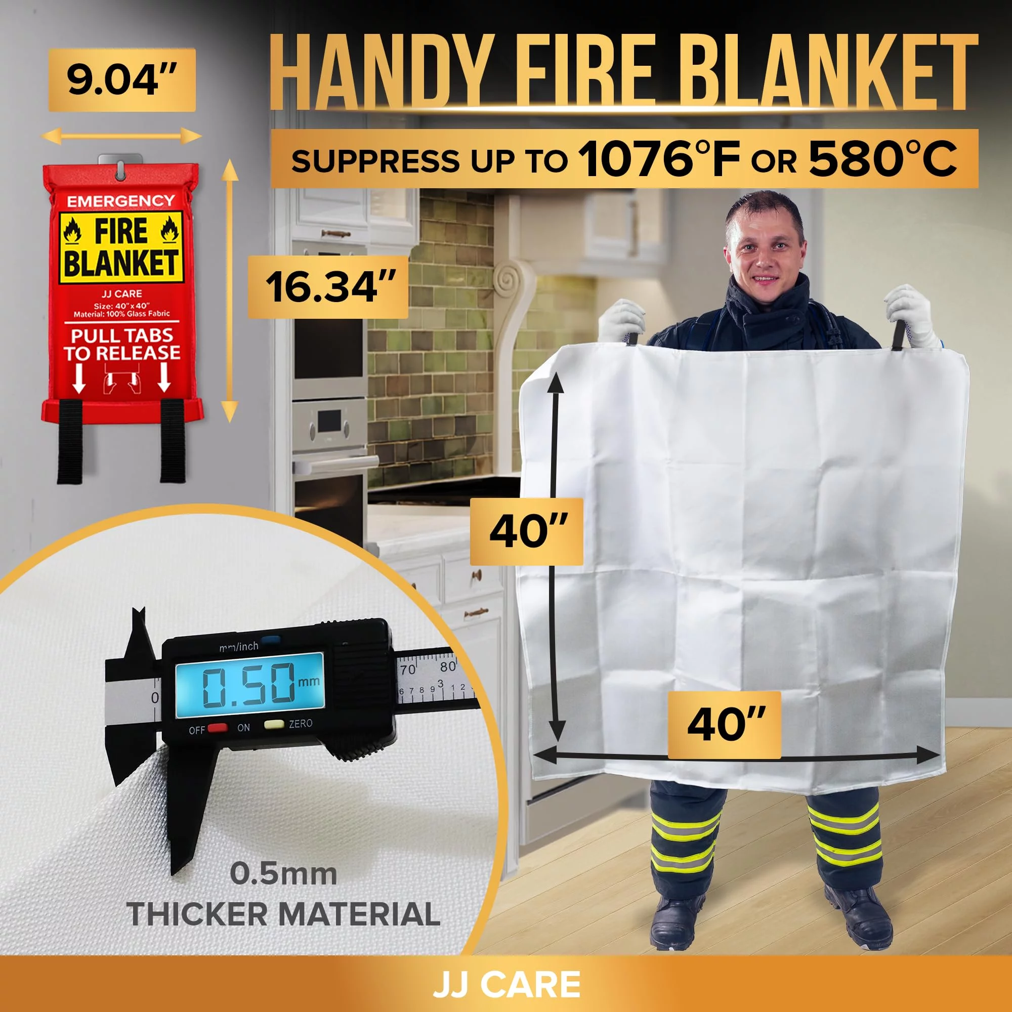 JJ CARE Fire Blanket – 4 Packs with Hooks – Emergency Fire Blanket for Home & Kitchen, High Heat Resistant Fire Suppression Blankets for Home Safety